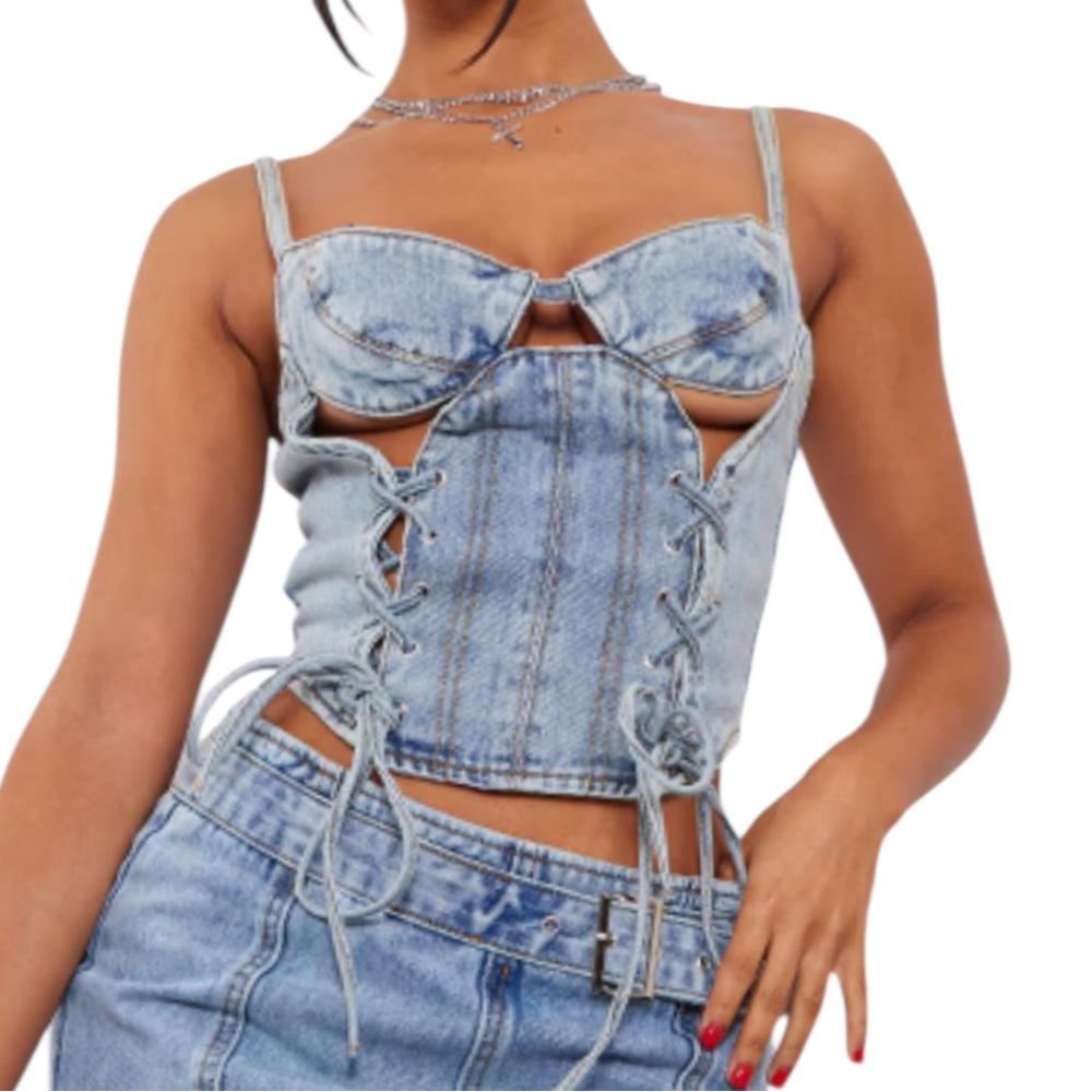 NWT Denim Lace Up Cutout Corset Jean Top - Picture 5 of 13